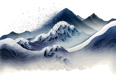 Poster - Watercolor mountain background. Luxurious mountainous terrain in oriental style. Wallpaper design, prints and invitations, postcards. Majestic mountains. vector illustration