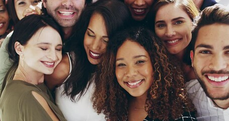Poster - Above, group and business people together for teamwork and collaboration with happiness and joy. Diverse, multicultural corporate crowd, top view while bonding with care and unity or solidarity