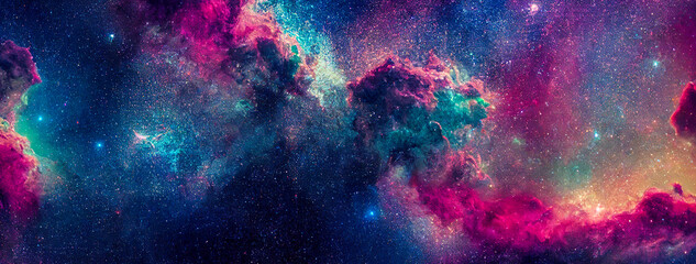 Wall Mural - panorama colorful background with nebula galaxy space generative ai illustration