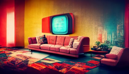 Retro  80's synthwave style living room with rugs  interior illustration 