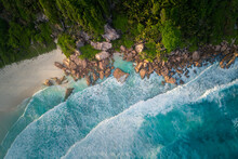 Drone View Over Beach On La Digue Island, Seychelles