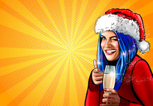 Pop Art Happy Smiling Girl With Blue Hair Holding Glass Of Champagne And Pointing At You Over Yellow Rays Background. Portrait Of Young Beautiful Christmas Woman Wearing Santa's Hat