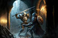 AI Generated Image Of A Brave Knight Fighting An Evil Skeletal Monster In The Dungeon Of A Fairy-tale Castle 