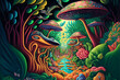 Colorful playful forest scene with mushrooms and exotic birds and plants in vivid peakcock colors, psychedelic style, illustration design generative ai art style 