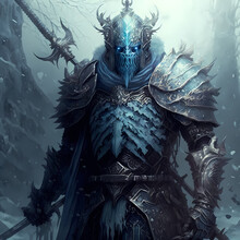 Fantasy Concept Art Of An Ice Knight Holding A Sword In Armor. Full Portrait. Snow Landscape Dark Background. 