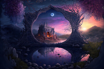 fantasy landscape of the ethereal witch wild  forest with a castle in the distance, sea lake in the middle as a mirror, illustration design art style 