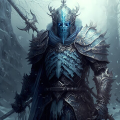 Wall Mural - fantasy concept art of an ice Knight holding a Sword in Armor. Full Portrait. Snow Landscape Dark Background. 