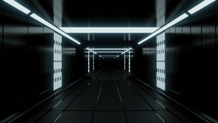 Poster - Traffic in futuristic corridor with neon lines. Design. 3D corridor with metal and neon walls. 3D corridor in futuristic or scientific style
