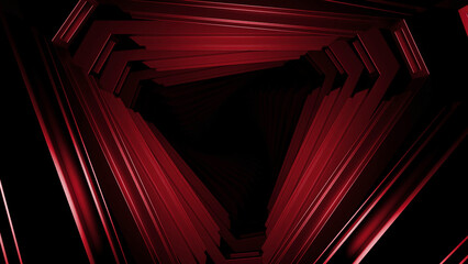 Poster - Triangular 3d tunnel. Design. Moving triangular tunnel with darkness. 3d tunnel with metal triangular walls on background of darkness