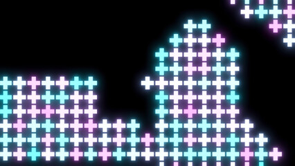 Poster - Background with mosaic symbols moving on black background. Design. Neon pluses move in retro style. Glowing crosses move in mosaic chain