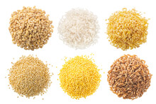 Piles of uncooked wholegrain cereals isolated, top view png