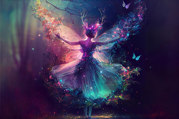 Wall Mural - colorful magical dancing fairy in enchanted fantasy forest