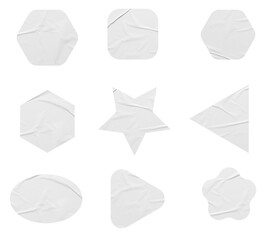 Poster - White stickers mockup. Blank labels of different shapes, circle wrinkled paper emblems. Copy space. Stickers or patches for preview tags, labels