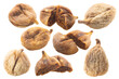 Whole and halved dried fig (Ficus carica fruits), isolated