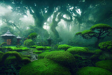 Fantasy Magical Japanese Garden With Pond And Trees, Volumetric Lights, Misty Environment As Landscape Background Wallpaper