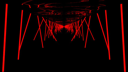 Poster - Moving 3d corridor with neon lines in dark. Design. Gloomy path in cyberspace with neon lines. Neon lines illuminate dark path in virtual space