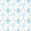 Seamless pattern with gift socks, Christmas tree, snow angel, snowflakes. Cute illustration for fabrics and wrapping paper in high quality in cartoon style