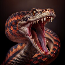 Gorgeous Portrait Of The Snake With Open Mouth, Attacking. Stunning Photorealistic Illustration With Realistic RIM Lighting. Ai Generated