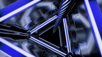 Poster - Triangular 3d tunnel with metal walls. Design. Rotating 3d tunnel with rope in middle. Lifeline in dark tunnel with neon lines