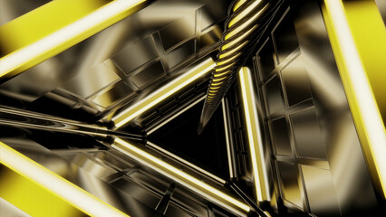 Poster - Triangular 3d tunnel with metal walls. Design. Rotating 3d tunnel with rope in middle. Lifeline in dark tunnel with neon lines