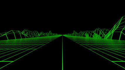 Poster - Retro futuristic synthwave grid background with hills on a black endless space. Design. Fast drive with a road and grid.
