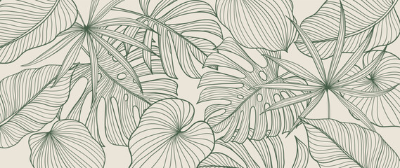 Wall Mural - Tropical foliage background vector. Elegant hand drawn tropical monstera and palm leaves line art background. Design illustration for decoration, wall decor, wallpaper, cover, banner, poster, card. 