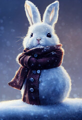 Wall Mural - cute fluffy rabbit in a warm scarf in the winter forest, christmas card