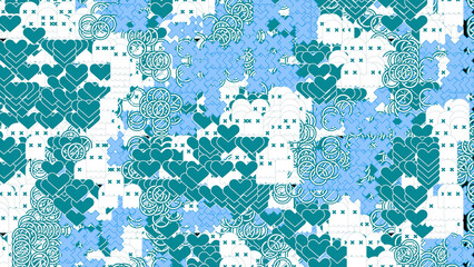 Aufkleber - Background of many moving icons. Design. Roundels, crosses and hearts move in background. Background of many repeating and moving icons. Virus background with duplicate icons