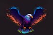 Eagle is depicted in neon colors against a black background in a pop art style that features splatters of watercolor. CG artwork
