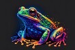 A neon, abstract portrait of a frog on a dark blue backdrop, painted in the manner of watercolor.