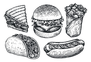 Poster - Fast Food set sketch. Burger, hot dog, burrito, sandwich, tacos. Street food, takeaway concept vector illustration