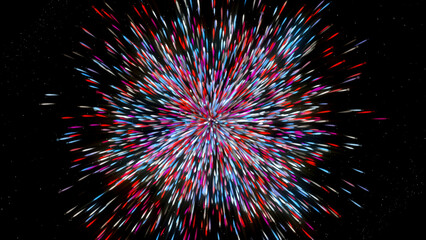 Poster - Moving colorful stream from point. Motion. Explosive colorful flow with spreading 3d particles. 3D flow from a point with colorful dots and balls