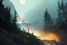 Beautiful Illustration Of A Glacier Park With Mountains