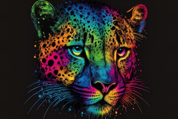 Jaguar is depicted in neon colors against a black background in a pop art style that features splatters of watercolor. CG artwork