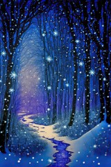 Wall Mural - Snow falling in  forest covered at night, magical lights, illustrative landscape 