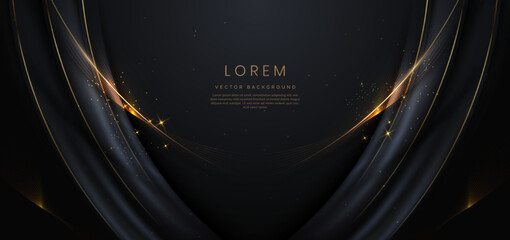 Abstact 3d luxury black curve with border golden curve lines elegant and lighting effect on black background.