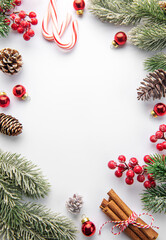 Christmas background with fir tree and decor. Top view with copy space