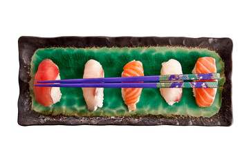 Top view of a sushis plate with chopsticks isolated on transparent background