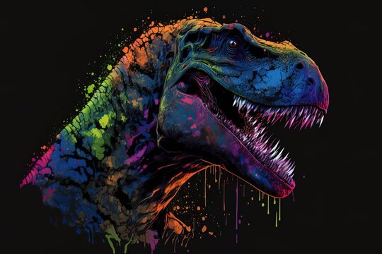 tyrannosaurus is a pop art subject, painted in fluorescent colors over a black background with splatters of watercolor. 