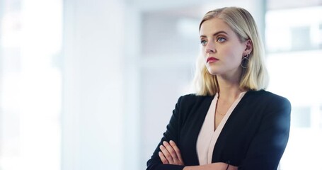 Poster - Success, ceo and business woman with crossed arms for leadership, startup and vision in modern office. Mockup, corporate and female in Norway with assertive, serious or focused face thinking of ideas