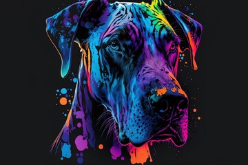 Wall Mural - great dane is depicted in neon colors against a black background in a pop art style that features splatters of watercolor. CG artwork