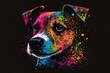 Pop art style portrait of a jack russell terrier with splashes of neon paint on a black background.