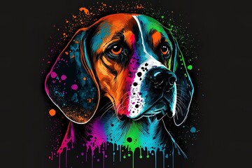 Wall Mural - beagle is depicted in neon colors against a black background in a pop art style that features splatters of watercolor. CG artwork