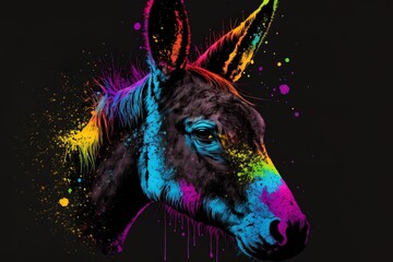 Wall Mural - donkey is depicted in neon colors against a black background in a pop art style that features splatters of watercolor. CG artwork