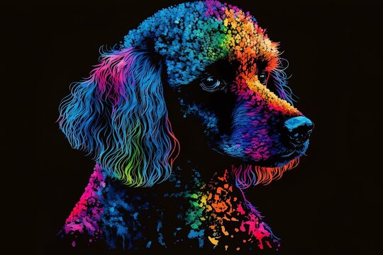 Brightly colored portrait of poodle on a black background with splashes of neon paint in a pop art style. CG artwork
