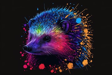 Wall Mural - Illustration of hedgehog in neon colors on a black backdrop in the pop art style, with splatters of watercolor paint. CG artwork