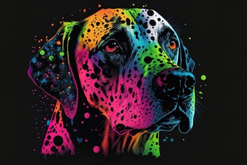 Wall Mural - Illustration of dalmatian in neon colors on a black backdrop in the pop art style, with splatters of watercolor paint. CG artwork