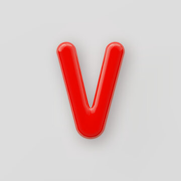 3D Red plastic uppercase letter V with a glossy surface on a gray background.