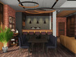 © House - 3d visualization of a modern interior in a loft style. Brick wall, wooden panels. Kitchen, dining room and living room, interior design