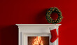 Red christmas stocking hanging on a fireplace. Festive cosy holiday background. 3D Rendering